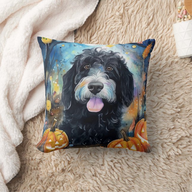Halloween Bernedoodle Med Pumpa Skräck Kudde (Filt)