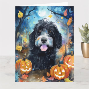 Halloween Bernedoodle Med Pumpaljusa Pumpor Kort
