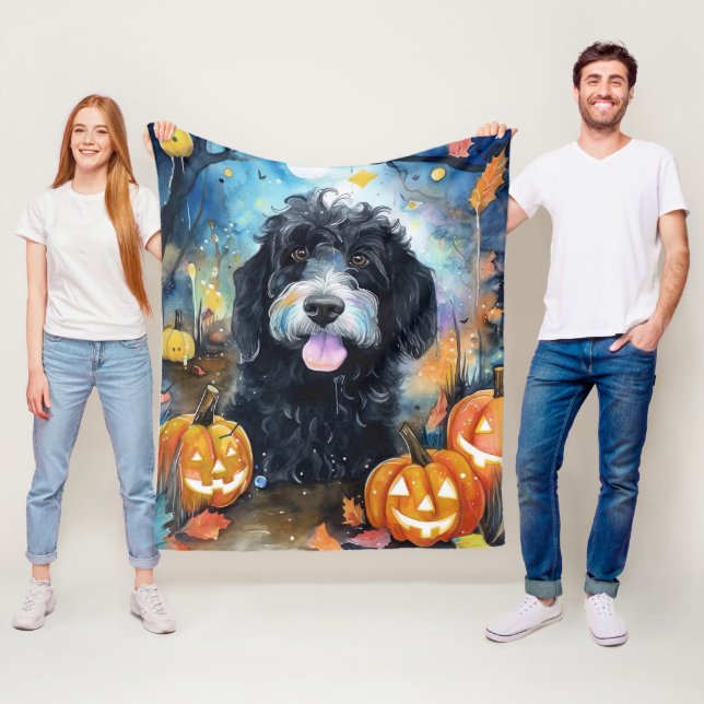 Halloween Bernedoodle med pumpor Scary Fleecefilt (På plats)