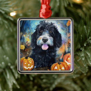 Halloween Bernedoodle med pumpor Scary Julgransprydnad Metall