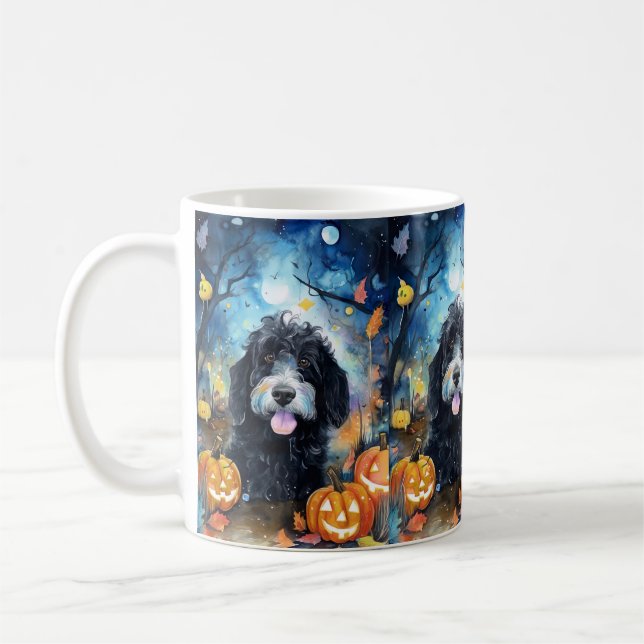 Halloween Bernedoodle med pumpor Scary Kaffemugg (Vänster)