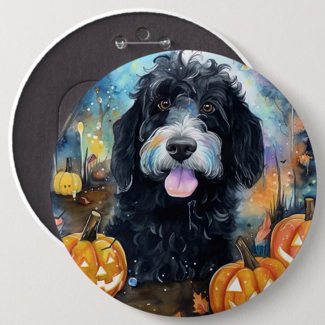 Halloween Bernedoodle med pumpor Scary Knapp (Framsida & baksida)