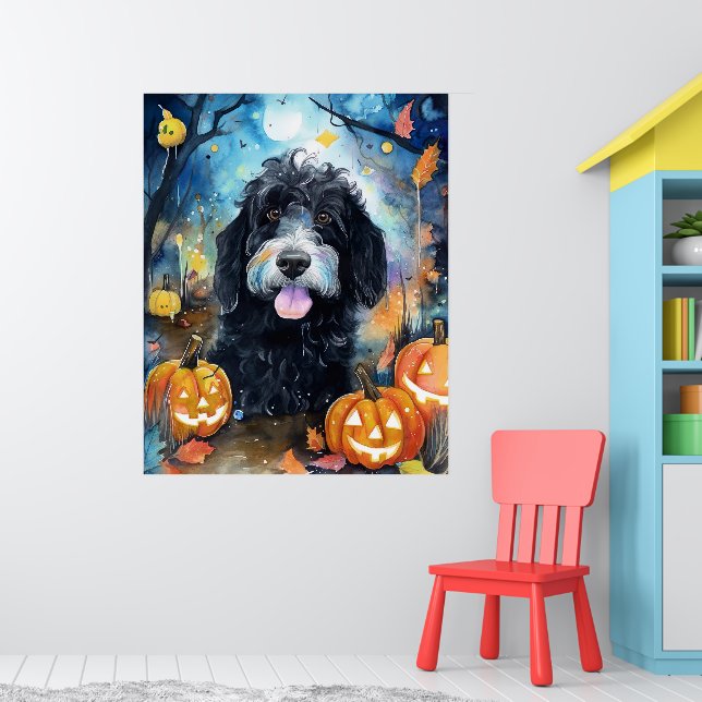 Halloween Bernedoodle med pumpor Scary Poster (Barnkammare 1)