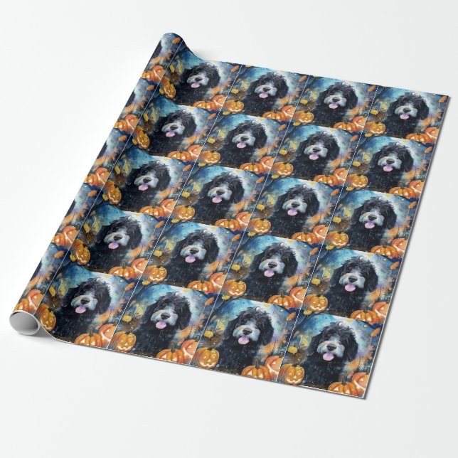 Halloween Bernedoodle med pumpor Scary Presentpapper (Utrullad)