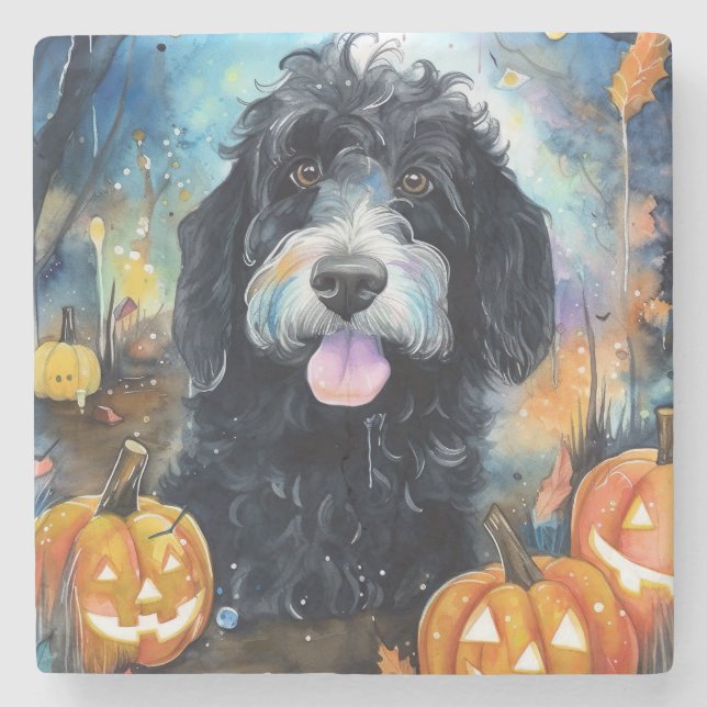 Halloween Bernedoodle med pumpor Scary Stenunderlägg (Framsidan)