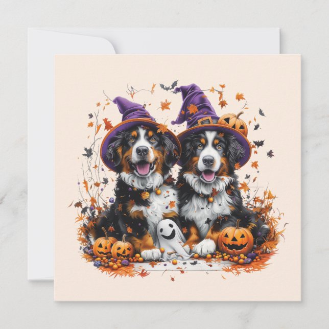 Halloween Bernese Mountain Hundar Witch Ghost Inbjudningar (Framsida)