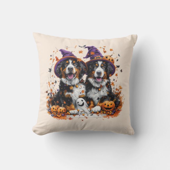Halloween Bernese Mountain Hundar Witch Ghost Kudde (Framsida)
