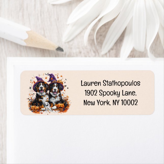 Halloween Bernese Mountain Hundar Witch Ghost Returadress Etikett (Insitu)