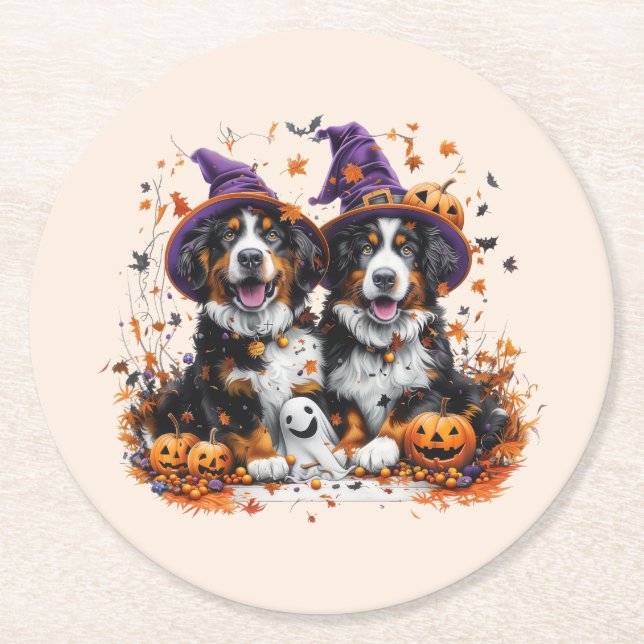 Halloween Bernese Mountain Hundar Witch Ghost Underlägg Papper Rund (Framsidan)