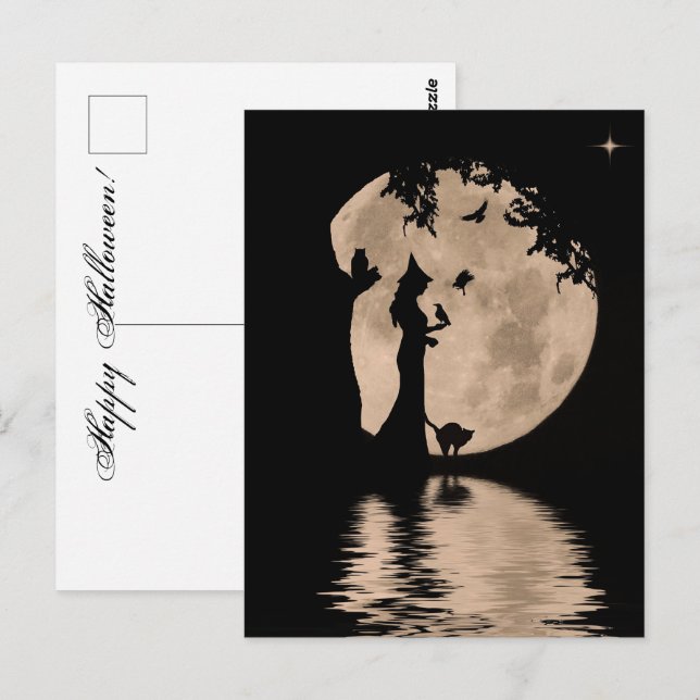 Halloween Bevackert Witch med Familiars Vykort (Fram/baksida)
