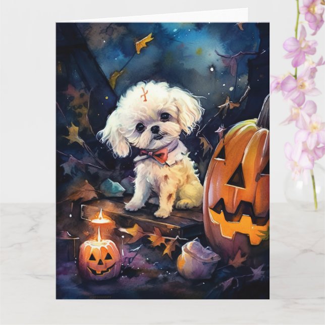 Halloween Bichon Frise Med Pumpa Skräck Kort (Orkide)