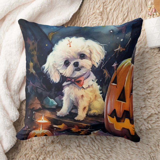 Halloween Bichon Frise Med Pumpa Skräck  Kudde (Filt)