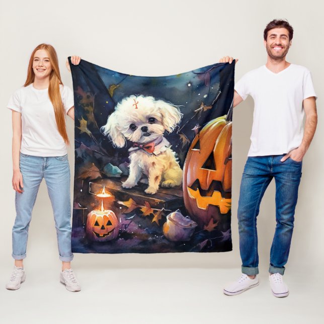 Halloween Bichon frise med pumpor Scary Fleecefilt (På plats)