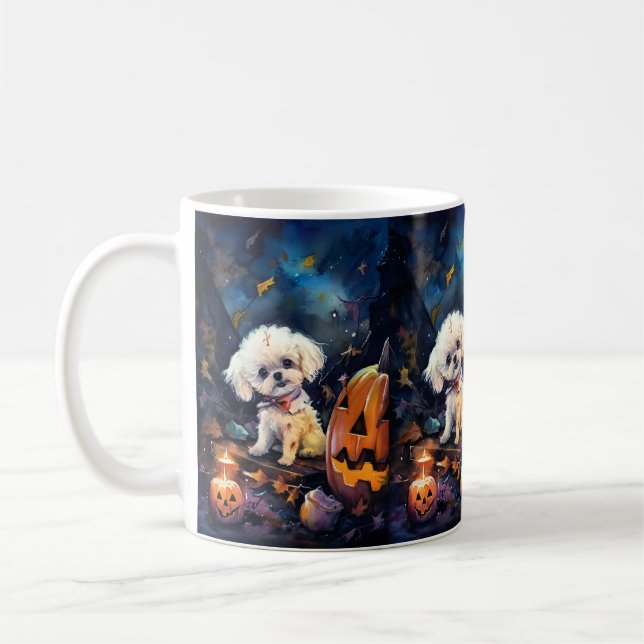 Halloween Bichon frise med pumpor Scary Kaffemugg (Vänster)