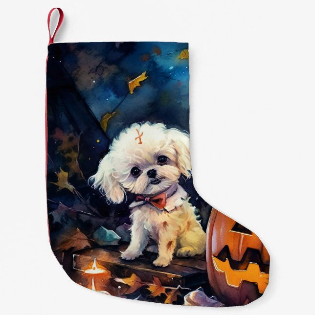 Halloween Bichon frise med pumpor Scary Liten Julstrumpa (Framsidan)