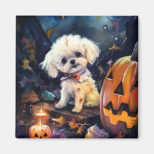 Halloween Bichon frise med pumpor Scary Magnet (Framsidan)