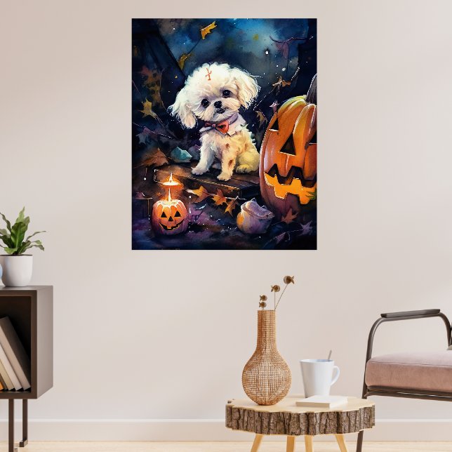 Halloween Bichon frise med pumpor Scary Poster (Vardagsrum 3)