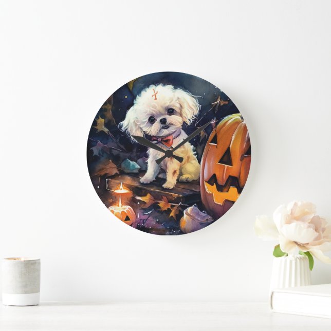 Halloween Bichon frise med pumpor Scary Stor Klocka (Hem)