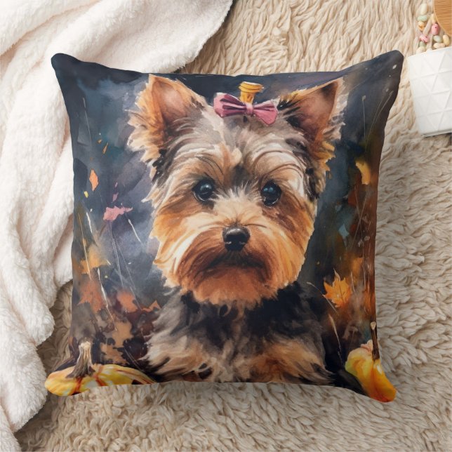 Halloween Biewer Terrier Med Pumpa Skräck Kudde (Filt)
