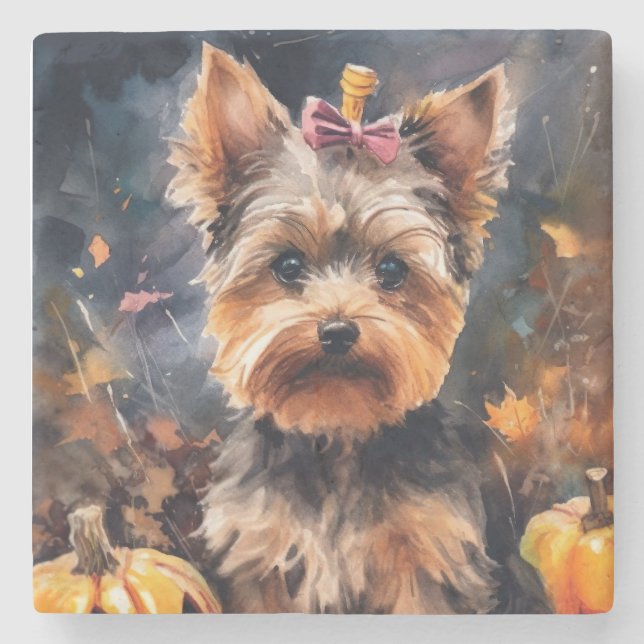 Halloween Biewer Terrier Med Pumpa Skräckinjagande Stenunderlägg (Framsidan)