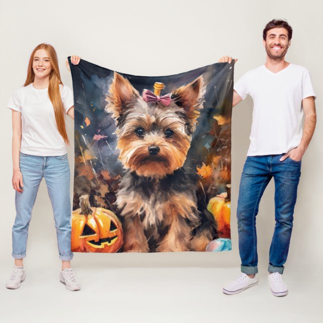 Halloween Biewer Terrier med pumpkins Scary Fleecefilt (På plats)