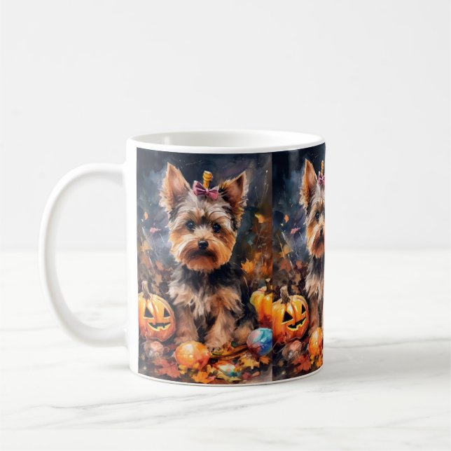 Halloween Biewer Terrier med pumpkins Scary Kaffemugg (Vänster)