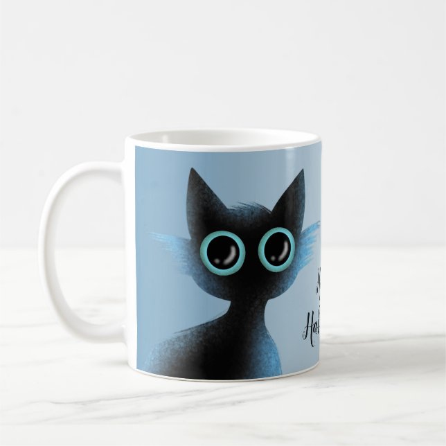Halloween Big Ögon Black Blue Evil Cat Kaffemugg (Vänster)