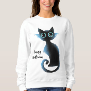 Halloween Big Ögon Black Blue Evil Cat T Shirt