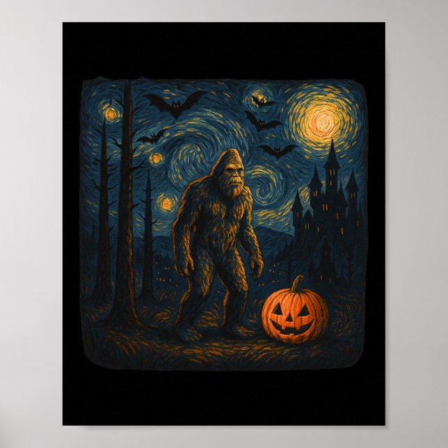 Halloween Bigfoot Starry Night Van Gogh Sasquatch Poster (Framsidan)