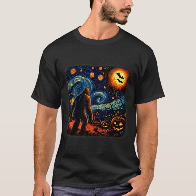 Halloween Bigfoot Starry Night Van Gogh Sasquatch  T Shirt (Framsida)