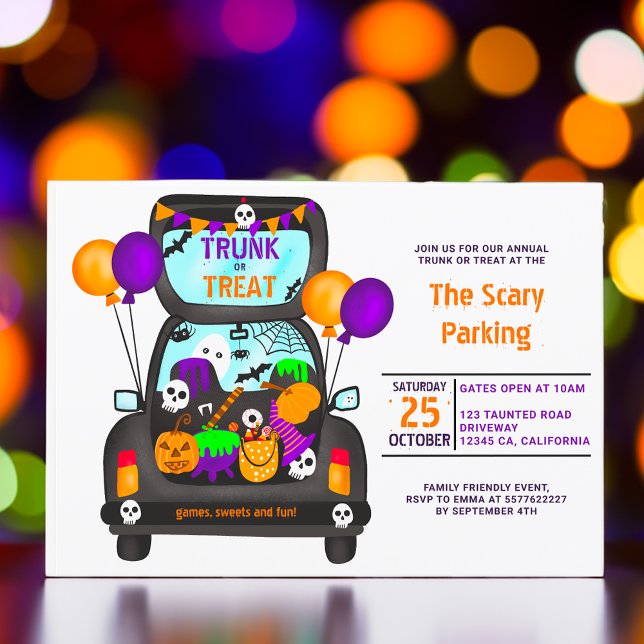 Halloween-bilillustration med bagage eller tricket inbjudningar (Halloween trunk or trick car illustration party invitation)