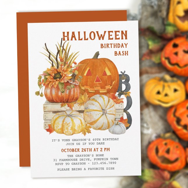 Halloween Birthday Bash Rustic Farmhouse Pumpkin Inbjudningar (Skapare uppladdad)