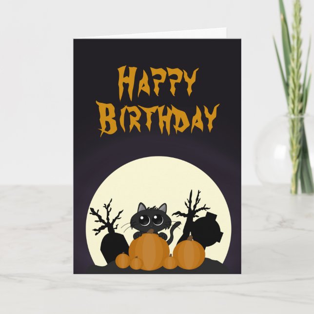 Halloween Birthday Black Cat Pumpkins Graveyard Kort (Framsida)