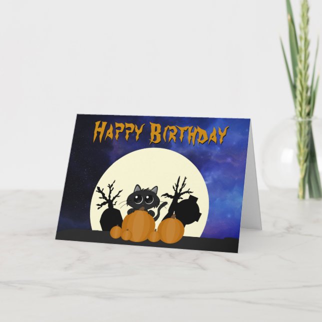 Halloween Birthday Black Cat Pumpkins Graveyard Kort (Framsida)