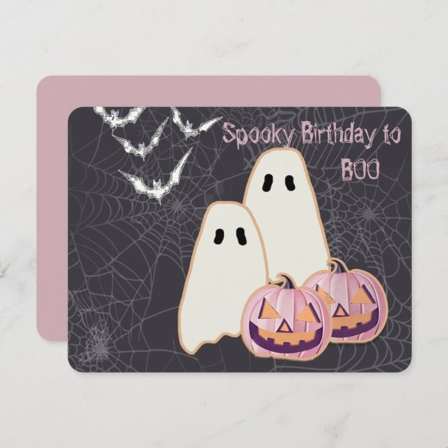 Halloween Birthday Card Ghost Rosa Pumpkin JOL Fla (Fram/baksida)
