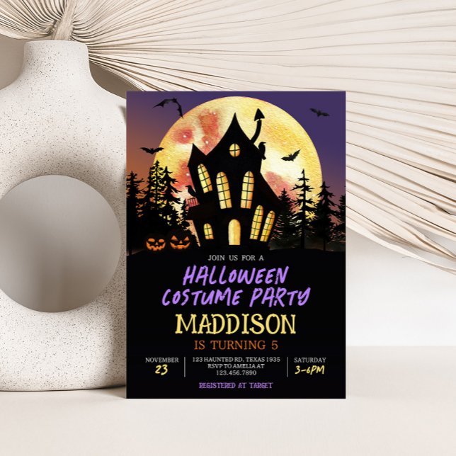 Halloween Birthday Costume Party Inbjudningar (Haunted House Halloween Costume Birthday Party Invitation)