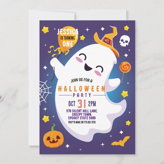 Halloween Birthday Ghost Lycklig Roligt Cute 1:a Inbjudningar (Framsida)