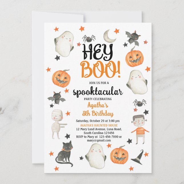 HALLOWEEN BIRTHDAY INVITATION HEY BOO GHOST INBJUDNINGAR (Framsida)