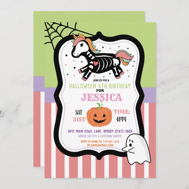 Halloween Birthday Kids Unicorn Skeleton Roligt Inbjudningar (Fram/baksida)