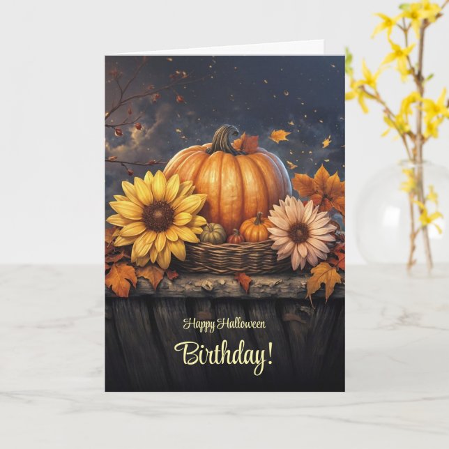 Halloween Birthday med Söt Flowers Pumpkins Kort (Gul blomma)