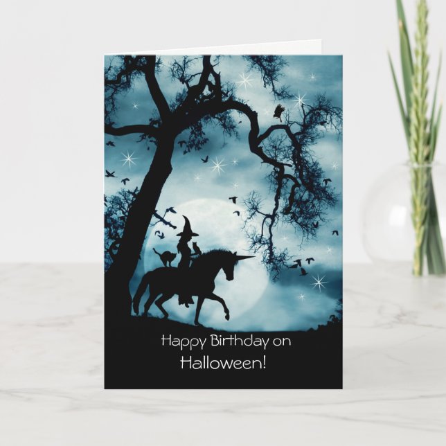 Halloween Birthday med Witch och Unicorn Kort (Framsida)