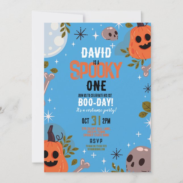 Halloween Birthday ONE Boys Blue Party Pumpkin 1st Inbjudningar (Framsida)