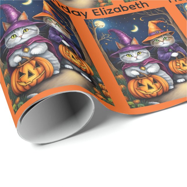 Halloween Birthday Personalize Namn Cat Witches Presentpapper (Rullad Hörn)