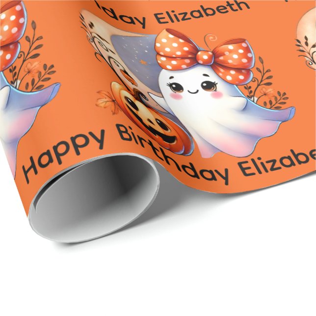 Halloween Birthday Personalize Namn Girly Ghost Presentpapper (Rullad Hörn)