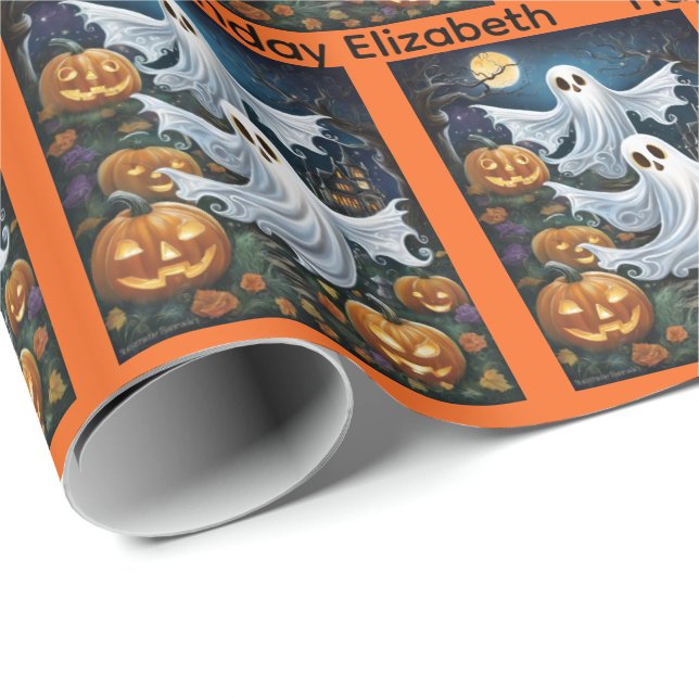 Halloween Birthday Personalize Namn Spooky Ghost Presentpapper (Rullad Hörn)