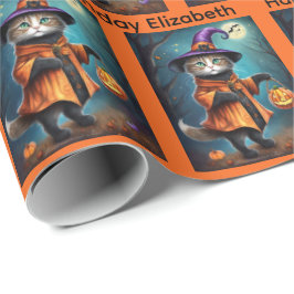 Halloween Birthday Personalize Namn Witch Cat Presentpapper