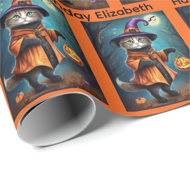 Halloween Birthday Personalize Namn Witch Cat Presentpapper (Rullad Hörn)