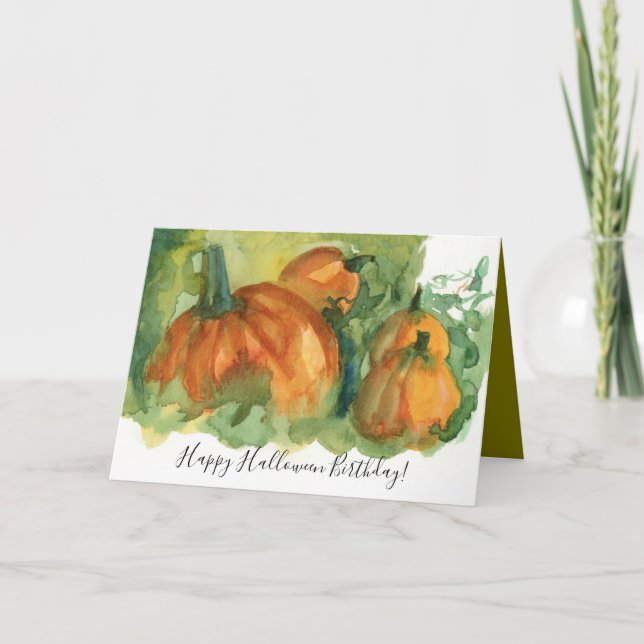 Halloween Birthday Pumpkin Patch Watercolor Kort (Framsida)