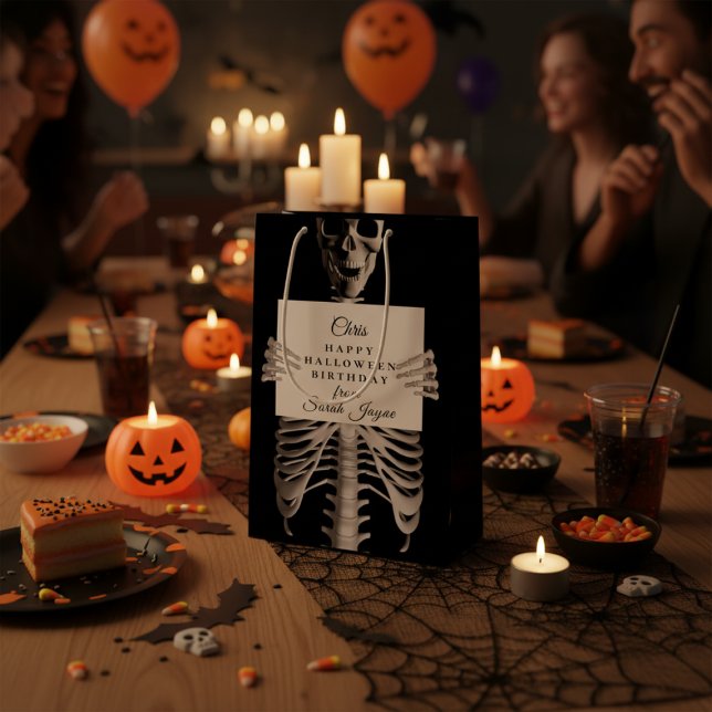 Halloween Birthday Spooky Skeleton Custom Black (Gift Bag for someone who has a birthday on Halloween and who is not afraid of spooky skeletons.)