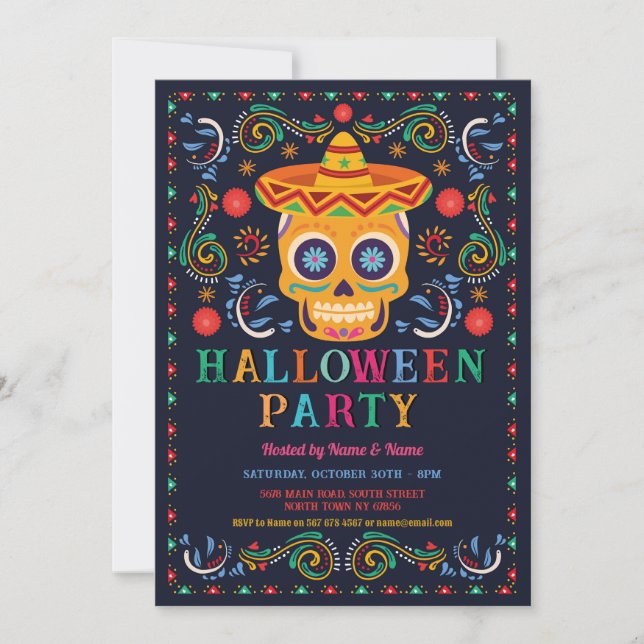 Halloween Birthday Sugar Skull Fiesta Mexican Inbjudningar (Framsida)